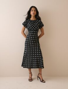 Black Polka Dot Lace Puff Sleeve Midi Dress
