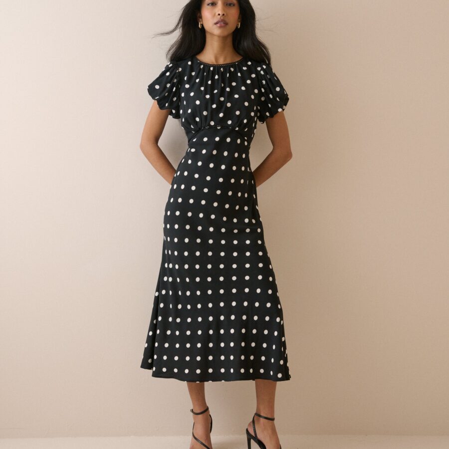 Black Polka Dot Lace Puff Sleeve Midi Dress