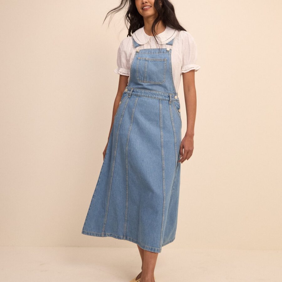 Blue Silver Cotton Square Neck Midi Dress