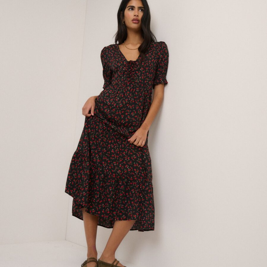 Black Floral Tiered Neck Midi Dress