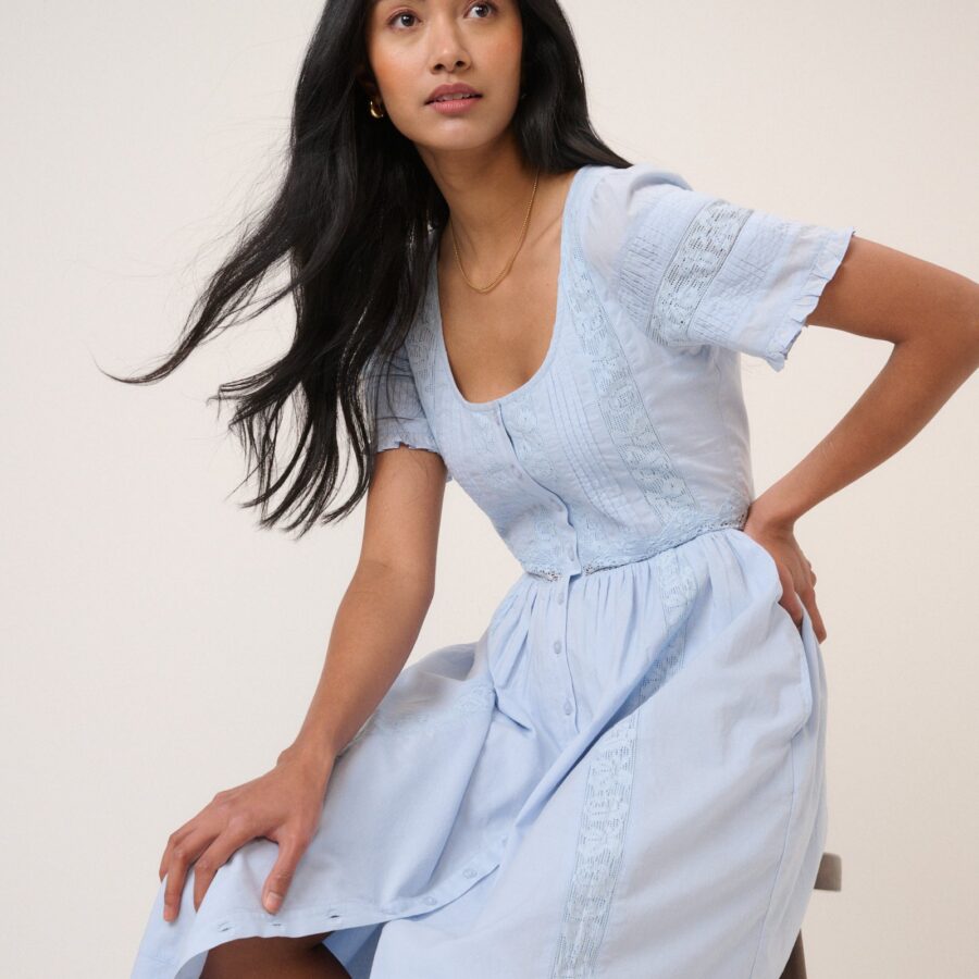 Blue Printed Cotton Button Front Midi Dress