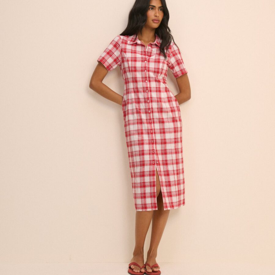 Red Check Cotton Button Front Midi Dress